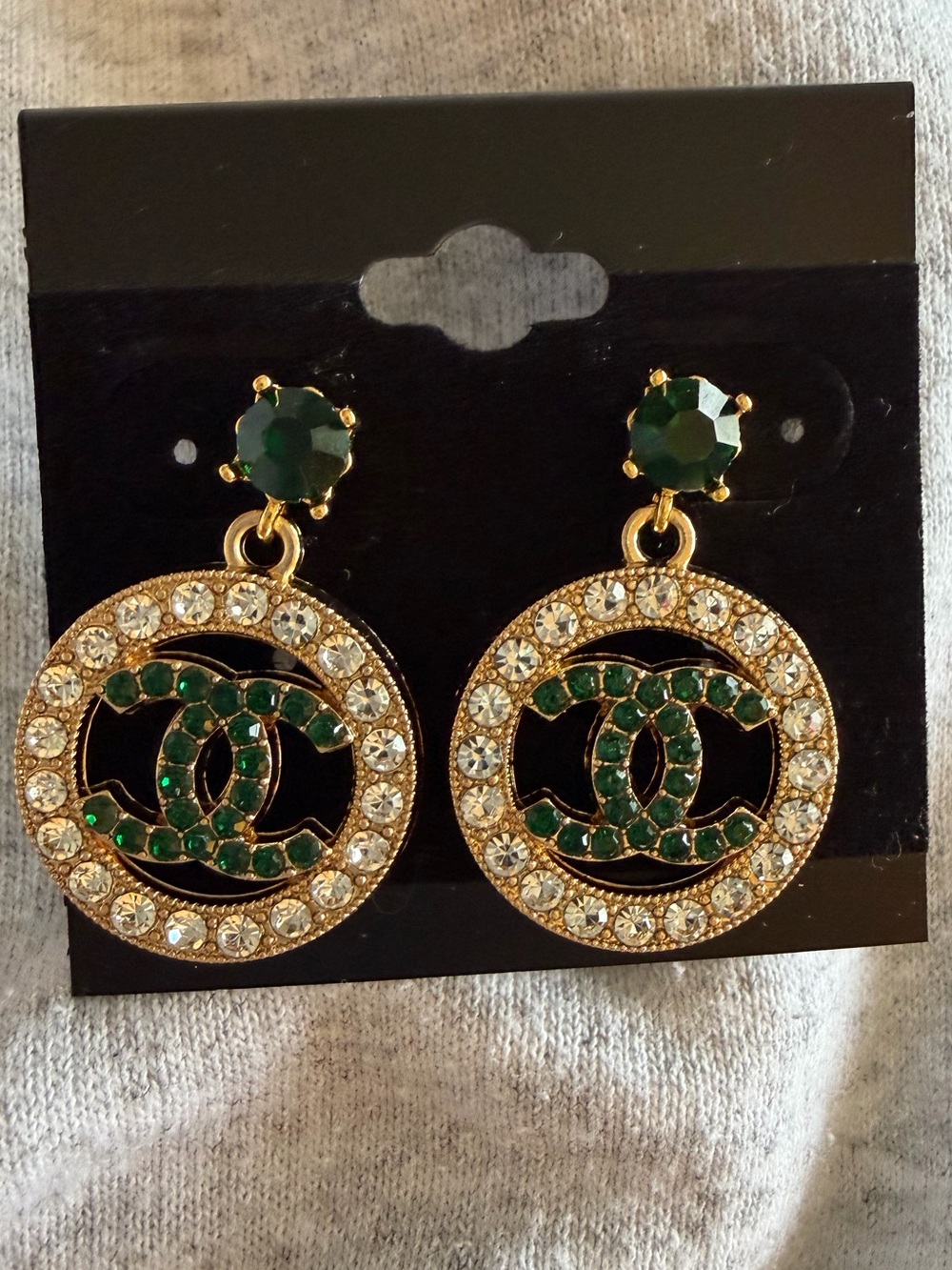 Upcycled Chanel Gold-Tone emerald Green Crystal Logo Drop Earrings
